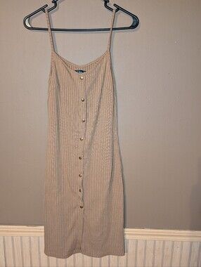 Say What? Tan Ribbed Button-Front Midi Dress